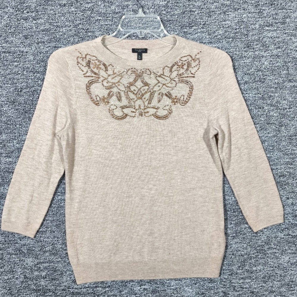 Talbots Petites Tan Lambswool Blend Beaded Sequin Crew Neck Sweater MP